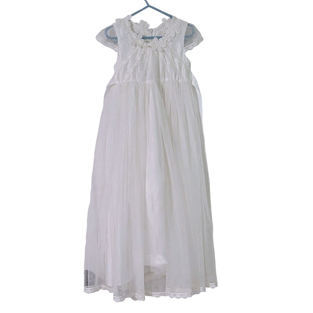 White Gown Baptism Formal Flower Girl Wedding Dress Lace Flowers Bow Size 5 NWOT